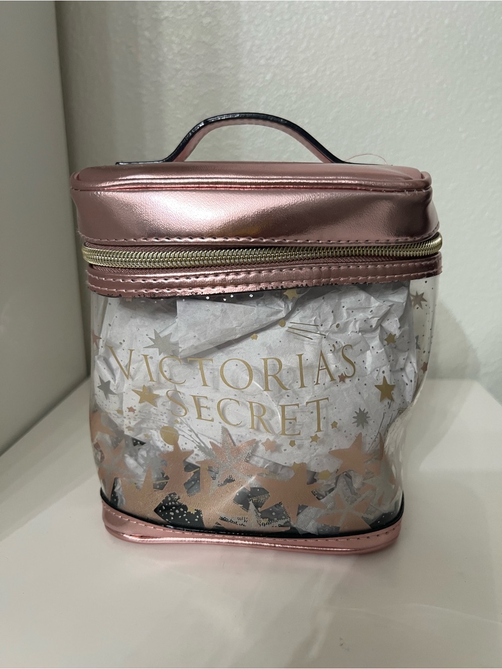 Victoria's Secret Rose Gold and Clear Star Cosmetic Travel Case